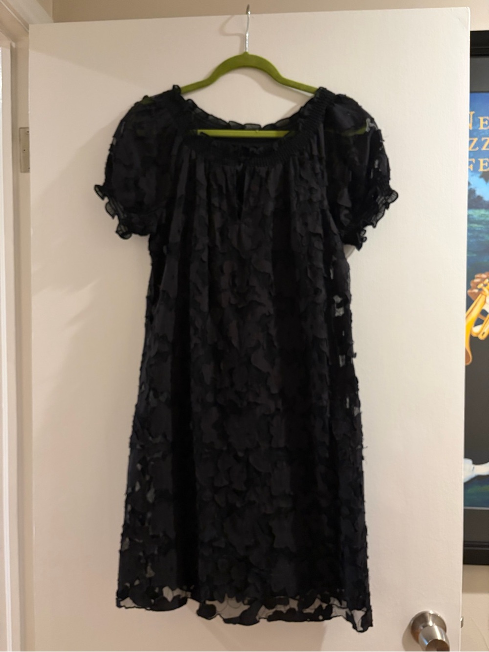 ECI Black Petal-Overlay Short-Sleeve Dress